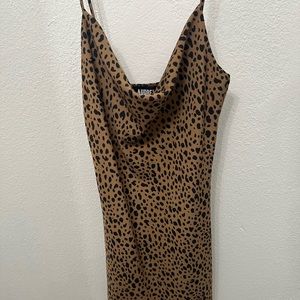 Leopard print spaghetti strap cowl neck dress